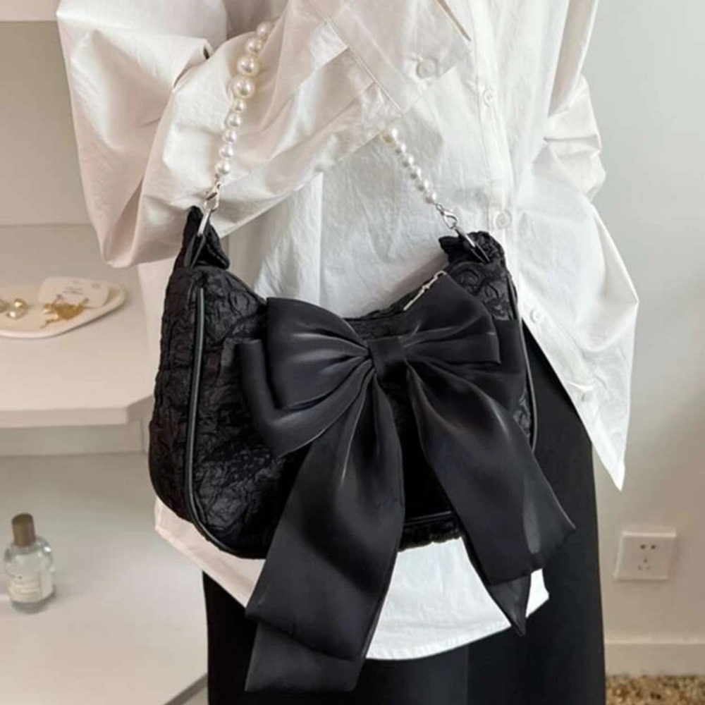 Black lace crossbody bag with pearl top handle & ribbon bow | Coquette Style NWT - Picture 6 of 11